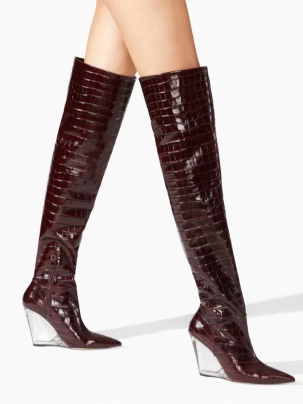 NWT STUART WEITZMAN Lucite 100mm Wedge Croc Embossed Thigh High Boots 7